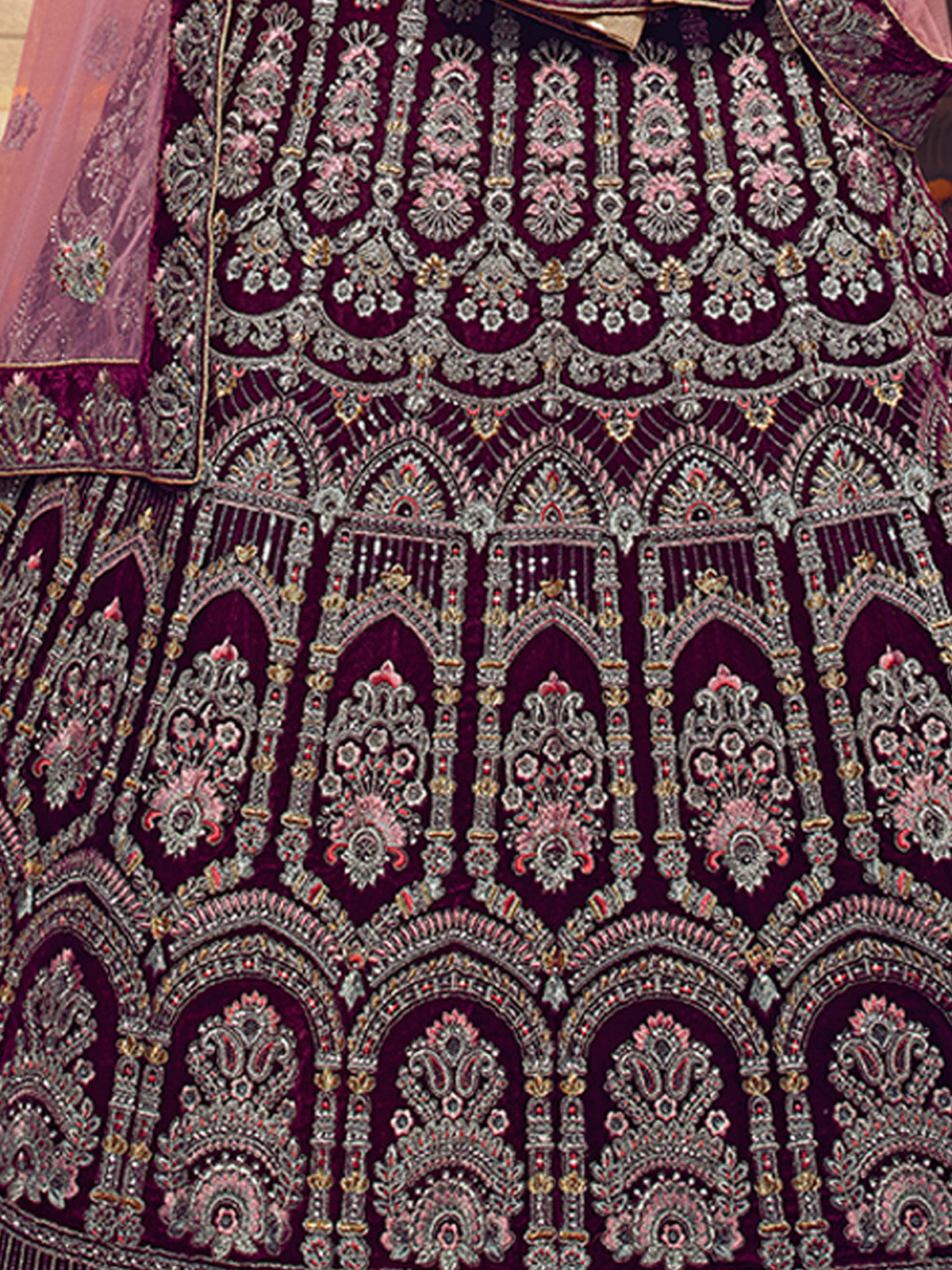Violet Embroidered Velvet Semi Stitched Lehenga With Unstitched Blouse Clothsvilla