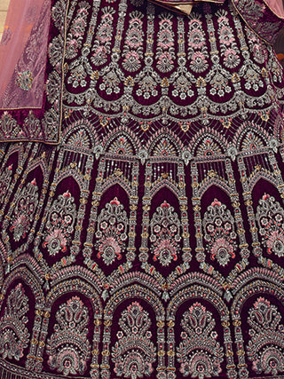 Violet Embroidered Velvet Semi Stitched Lehenga With Unstitched Blouse Clothsvilla