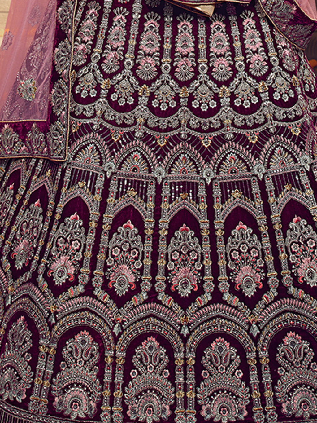 Violet Embroidered Velvet Semi Stitched Lehenga With Unstitched Blouse Clothsvilla