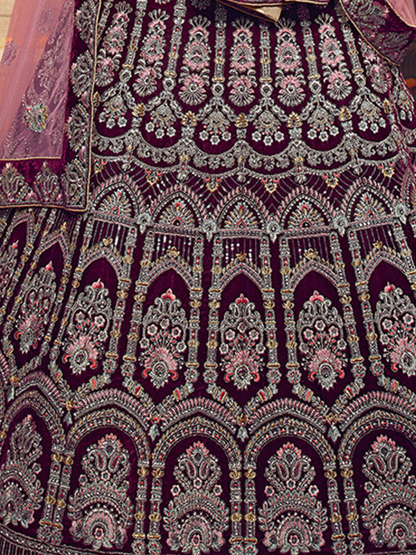 Violet Embroidered Velvet Semi Stitched Lehenga With Unstitched Blouse Clothsvilla