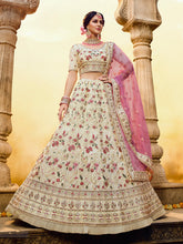 Load image into Gallery viewer, White Embroidered Georgette Semi Stitched Lehenga With Unstitched Blouse Clothsvilla