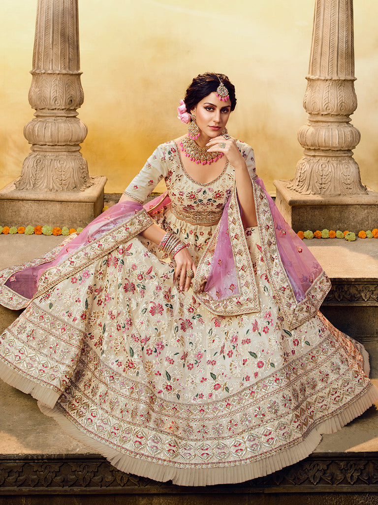 White Embroidered Georgette Semi Stitched Lehenga With Unstitched Blouse Clothsvilla