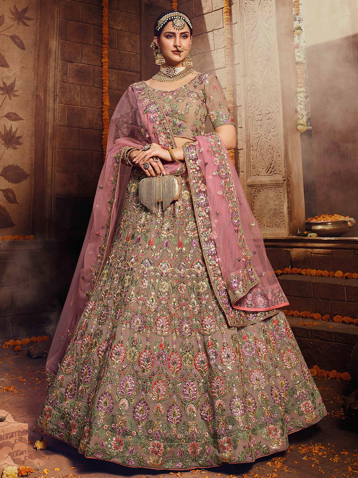 Beige Embroidered Georgette Semi Stitched Lehenga With Unstitched Blouse Clothsvilla