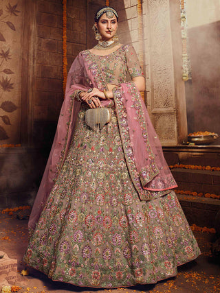Beige Embroidered Georgette Semi Stitched Lehenga With Unstitched Blouse Clothsvilla