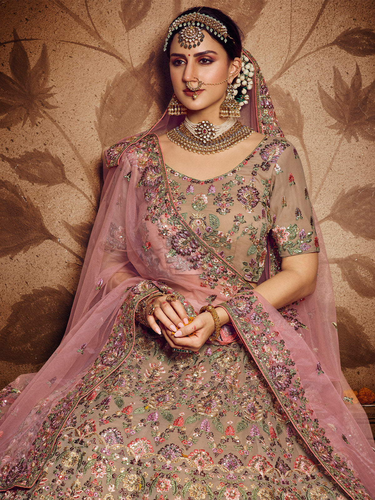 Beige Embroidered Georgette Semi Stitched Lehenga With Unstitched Blouse Clothsvilla