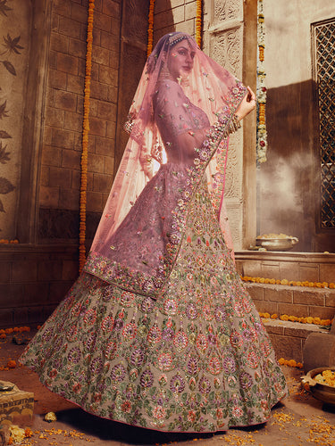 Beige Embroidered Georgette Semi Stitched Lehenga With Unstitched Blouse Clothsvilla