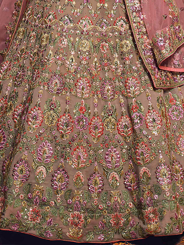 Beige Embroidered Georgette Semi Stitched Lehenga With Unstitched Blouse Clothsvilla