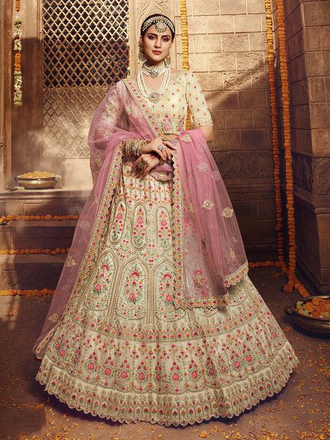 White Embroidered Organza Semi Stitched Lehenga With Unstitched Blouse Clothsvilla Main image