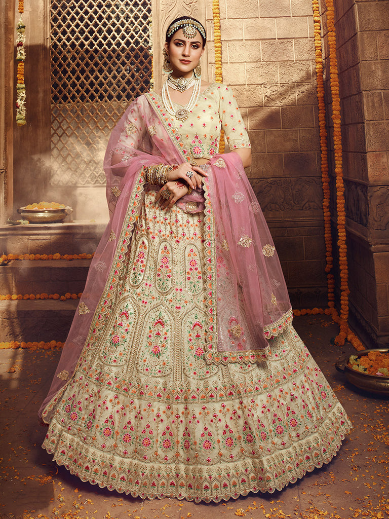 White Embroidered Organza Semi Stitched Lehenga With Unstitched Blouse Clothsvilla