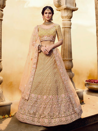Gold Embroidered Soft Net Semi Stitched Lehenga With Unstitched Blouse Clothsvilla