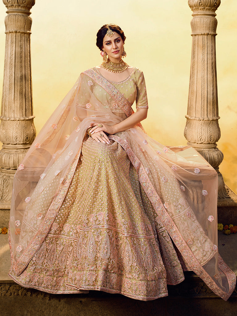 Gold Embroidered Soft Net Semi Stitched Lehenga With Unstitched Blouse Clothsvilla