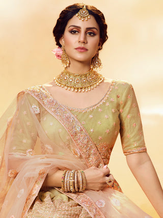 Gold Embroidered Soft Net Semi Stitched Lehenga With Unstitched Blouse Clothsvilla