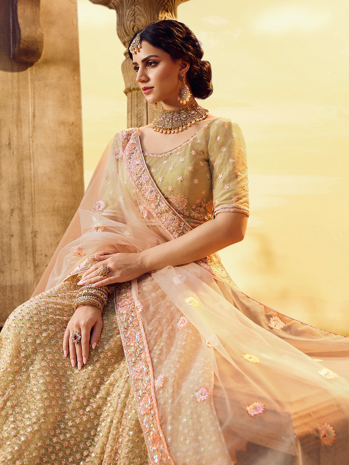 Gold Embroidered Soft Net Semi Stitched Lehenga With Unstitched Blouse Clothsvilla