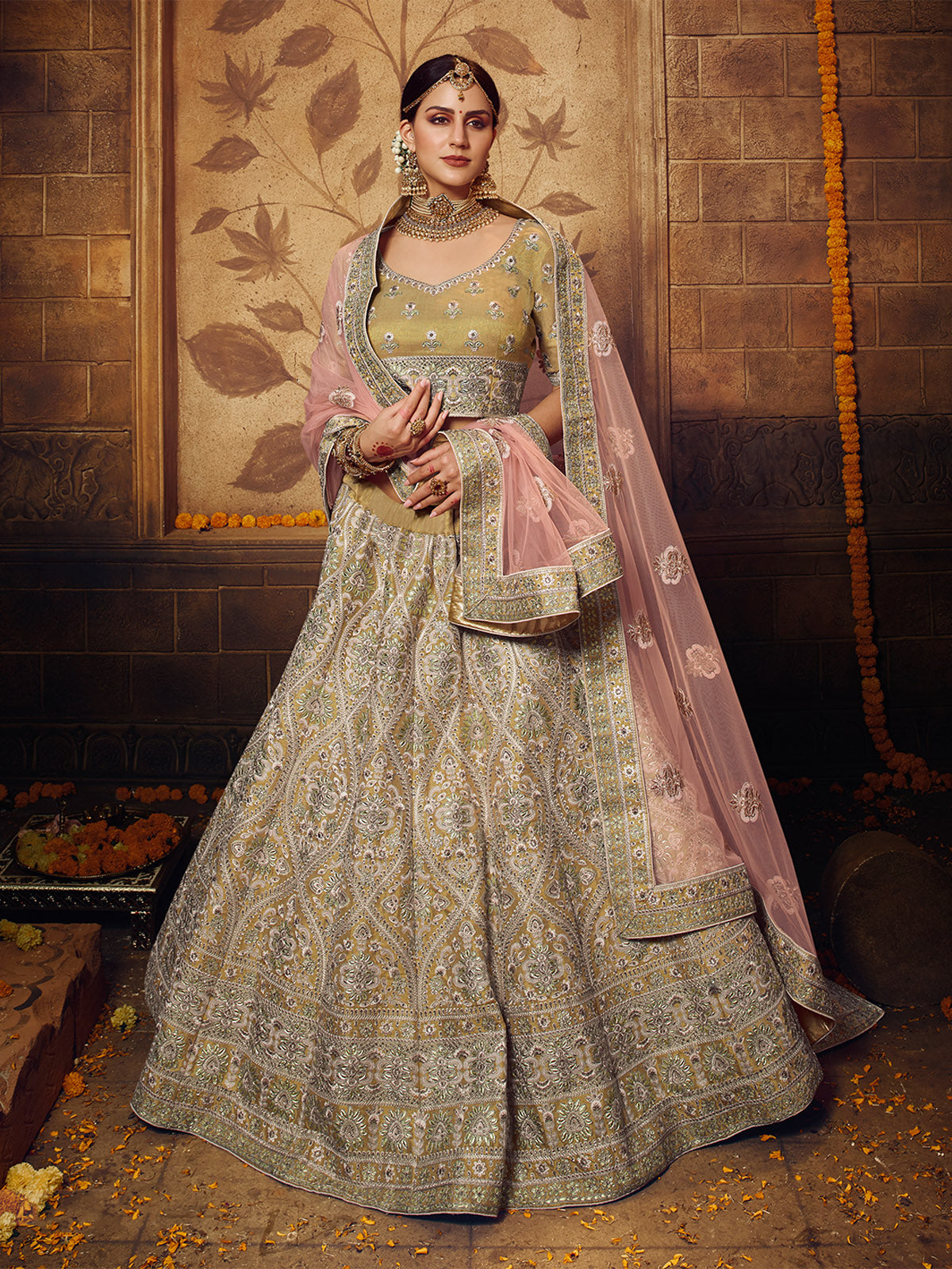Olive Embroidered Soft Net Semi Stitched Lehenga With Unstitched Blouse Clothsvilla Main image