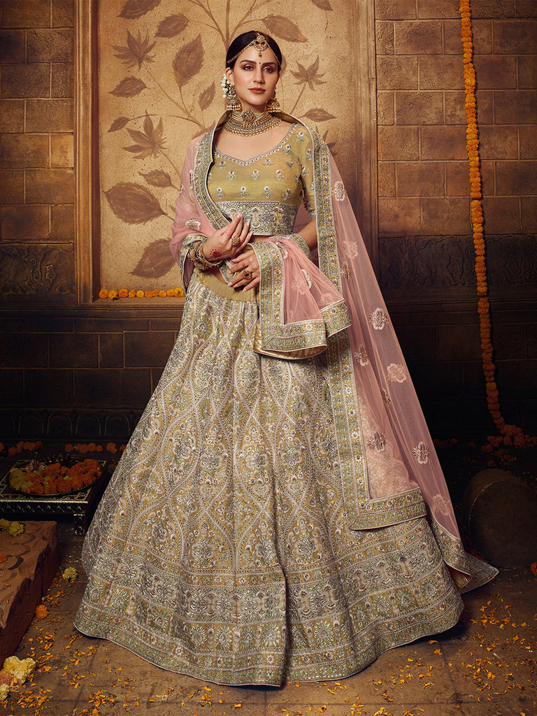 Olive Embroidered Soft Net Semi Stitched Lehenga With Unstitched Blouse Clothsvilla