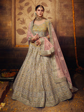 Load image into Gallery viewer, Olive Embroidered Soft Net Semi Stitched Lehenga With Unstitched Blouse Clothsvilla