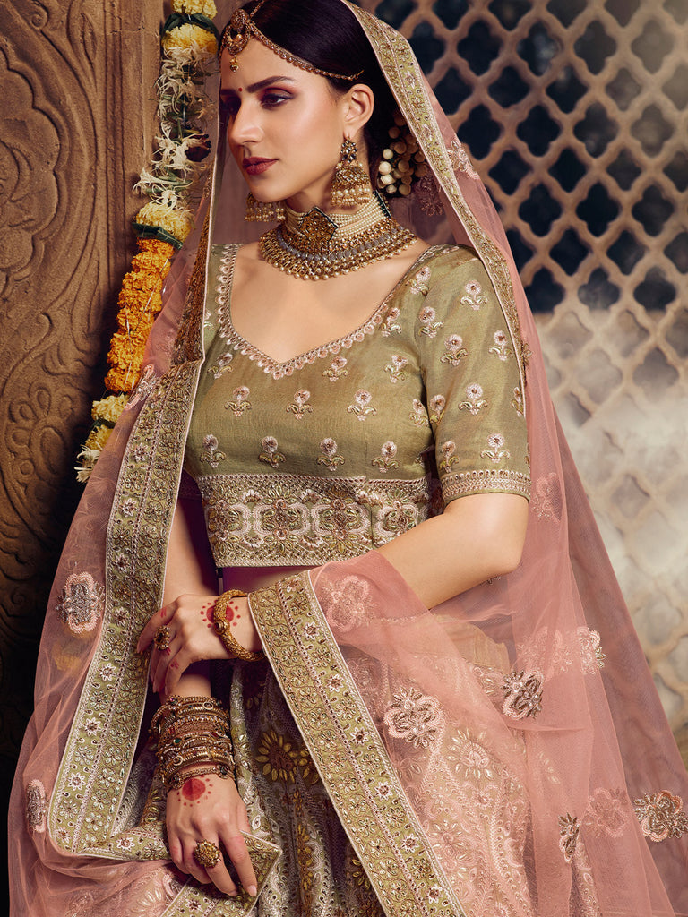 Olive Embroidered Soft Net Semi Stitched Lehenga With Unstitched Blouse Clothsvilla