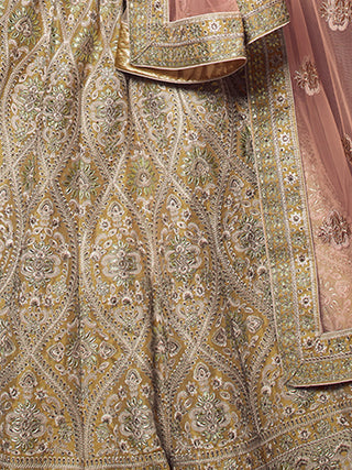 Olive Embroidered Soft Net Semi Stitched Lehenga With Unstitched Blouse Clothsvilla
