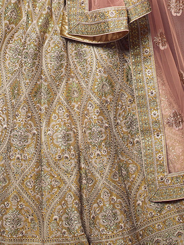 Olive Embroidered Soft Net Semi Stitched Lehenga With Unstitched Blouse Clothsvilla