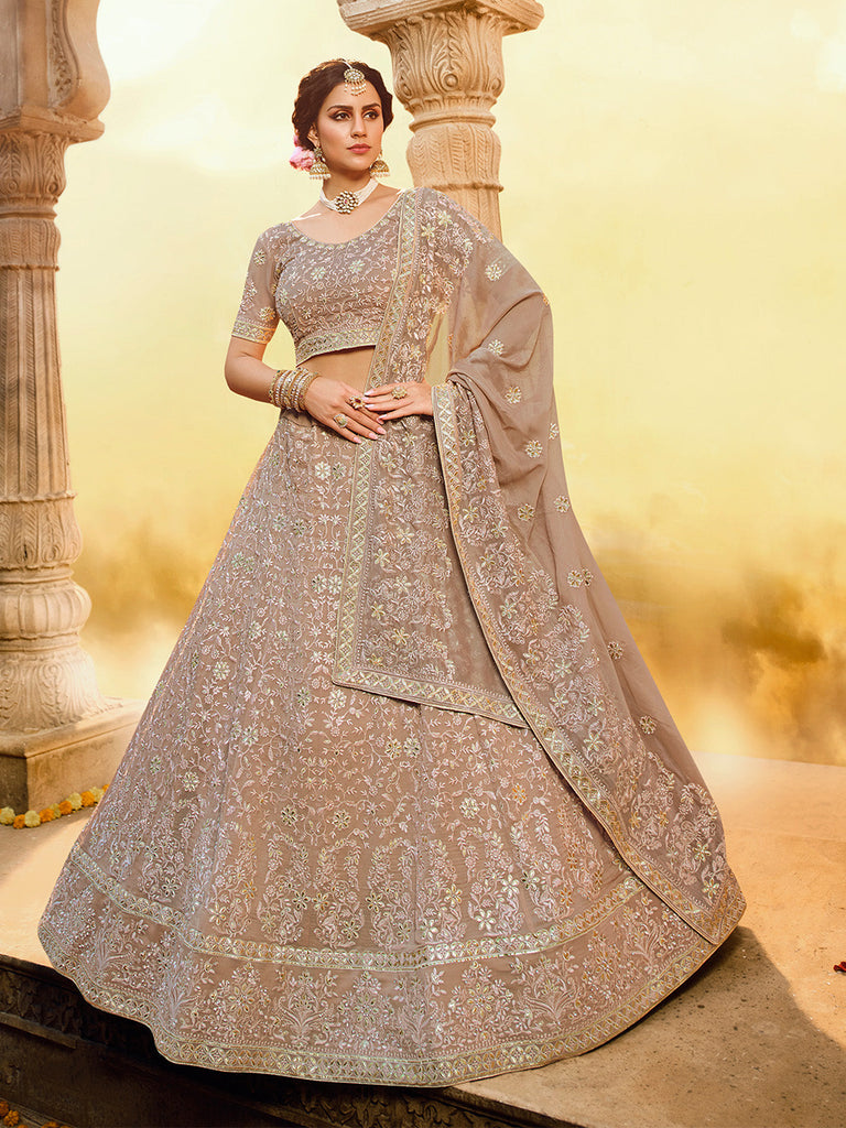 Light Brown Gota,Thread,Zarkan Semi Stitched Lehenga With Unstitched Blouse Clothsvilla