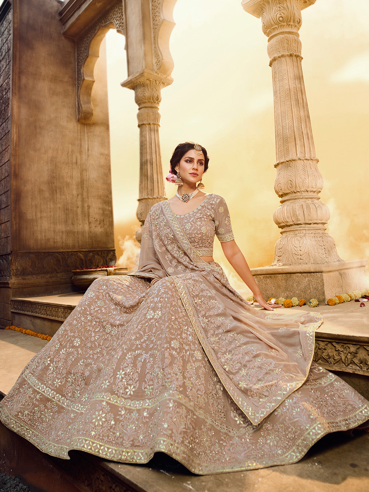 Light Brown Gota,Thread,Zarkan Semi Stitched Lehenga With Unstitched Blouse Clothsvilla Main image
