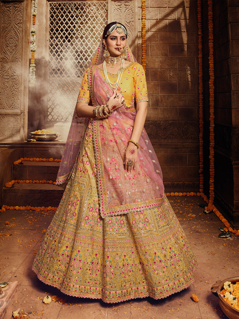 Yellow Embroidered Organza Semi Stitched Lehenga With Unstitched Blouse Clothsvilla