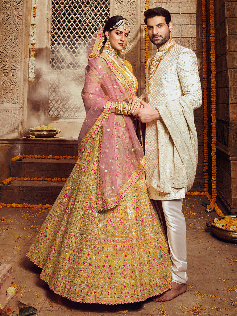 Yellow Embroidered Organza Semi Stitched Lehenga With Unstitched Blouse Clothsvilla