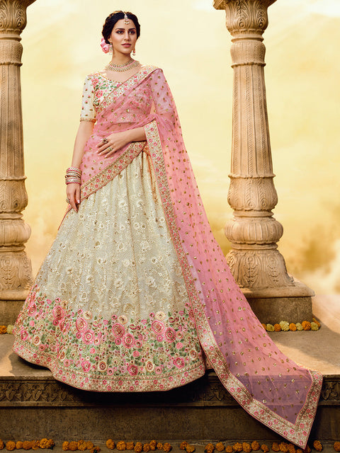 White Embroidered Georgette Semi Stitched Lehenga With Unstitched Blouse Clothsvilla Main image