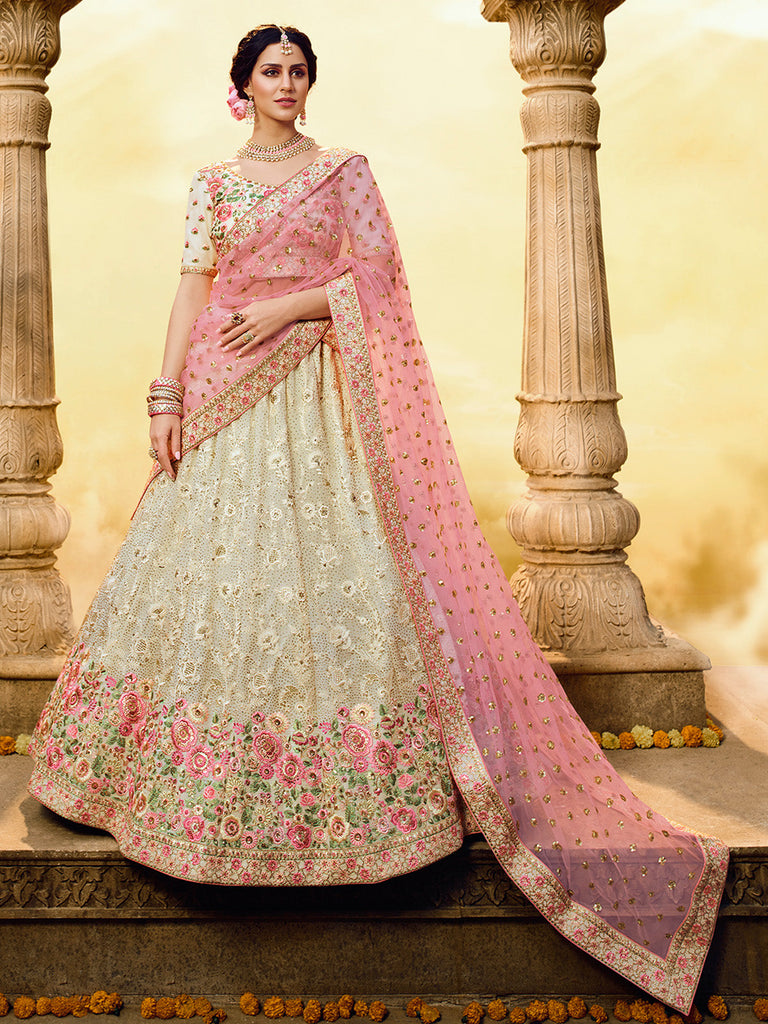 White Embroidered Georgette Semi Stitched Lehenga With Unstitched Blouse Clothsvilla