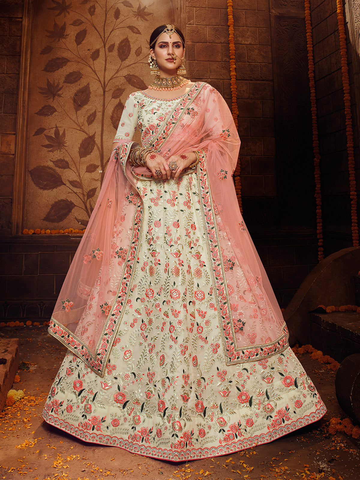 Apricot Embroidered Georgette Semi Stitched Lehenga With Unstitched Blouse Clothsvilla