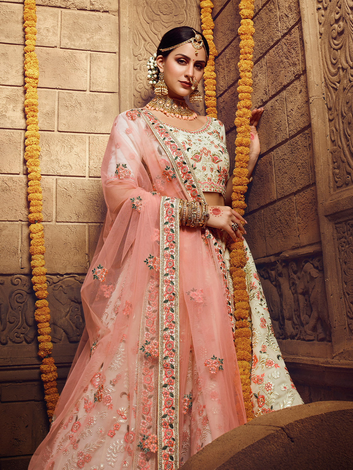 Apricot Embroidered Georgette Semi Stitched Lehenga With Unstitched Blouse Clothsvilla