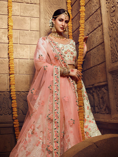 Apricot Embroidered Georgette Semi Stitched Lehenga With Unstitched Blouse Clothsvilla
