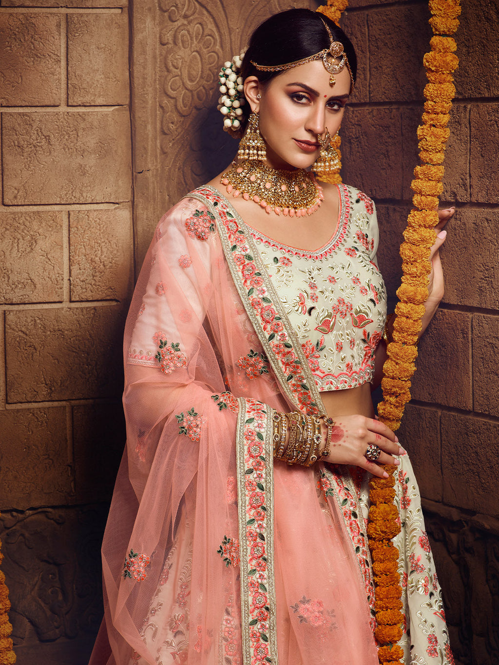 Apricot Embroidered Georgette Semi Stitched Lehenga With Unstitched Blouse Clothsvilla