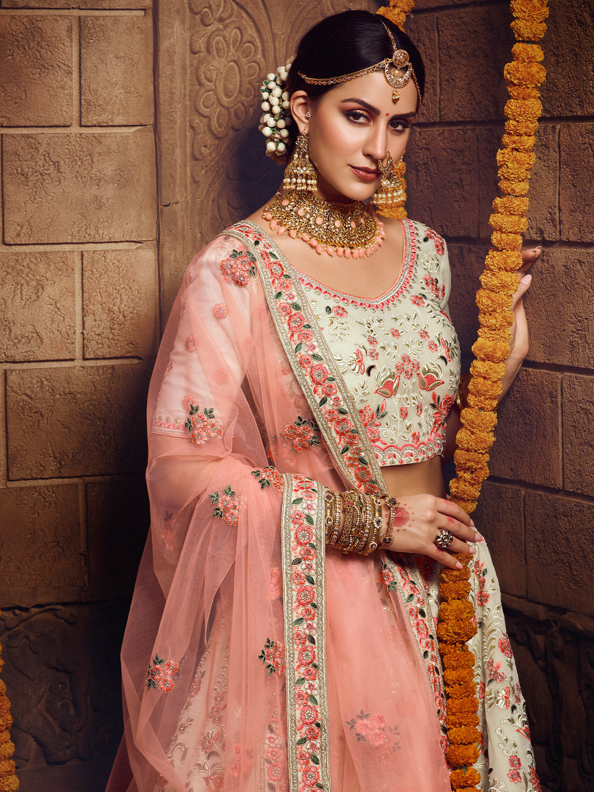 Apricot Embroidered Georgette Semi Stitched Lehenga With Unstitched Blouse Clothsvilla