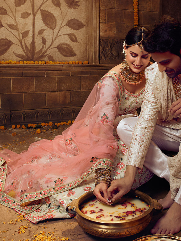 Apricot Embroidered Georgette Semi Stitched Lehenga With Unstitched Blouse Clothsvilla