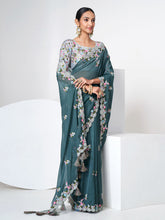 Load image into Gallery viewer, Blue Organza Saree With Unstitched Blouse Clothsvilla