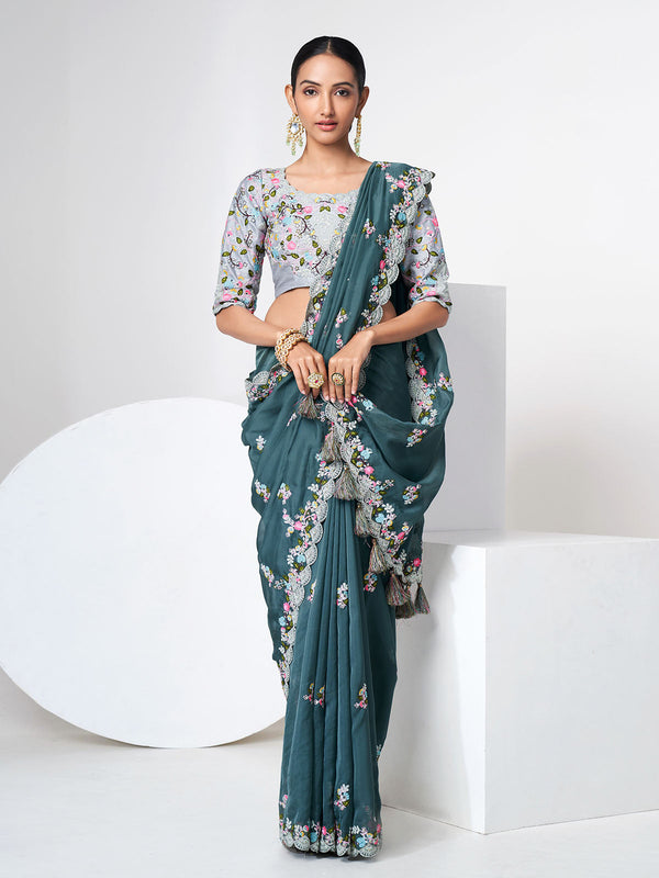 Blue Organza Saree With Unstitched Blouse Clothsvilla
