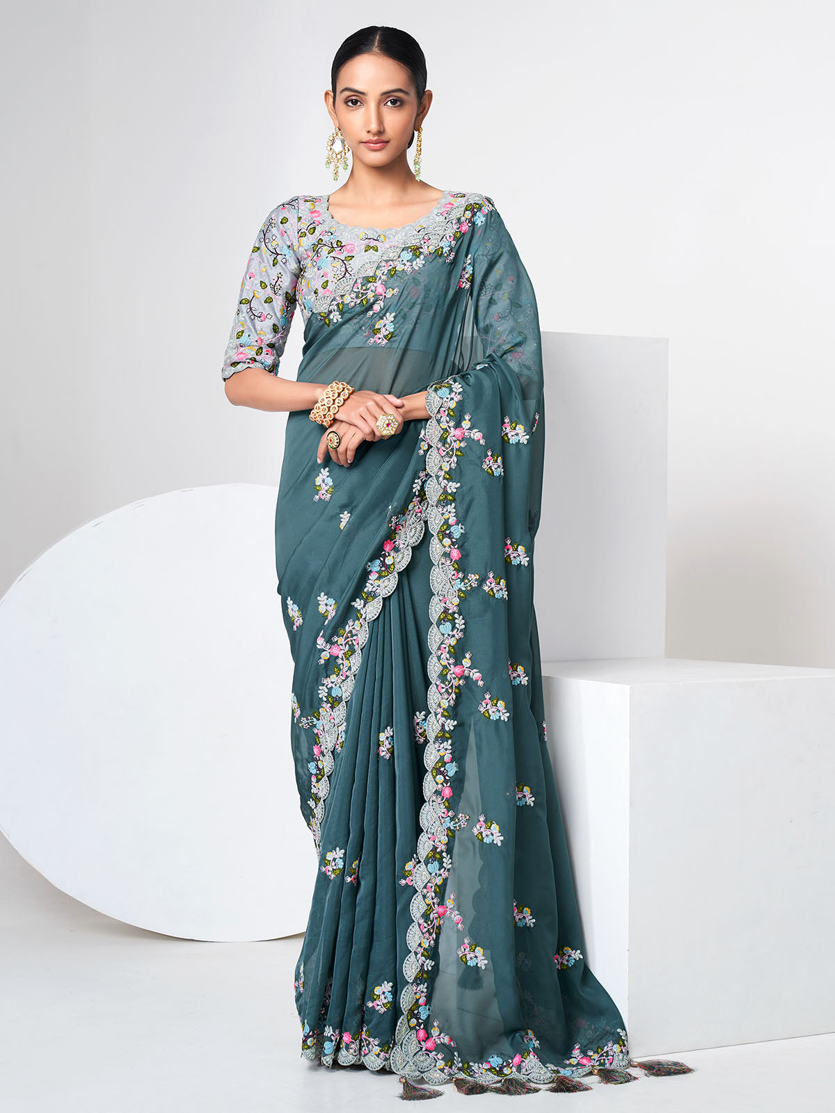 Blue Organza Saree With Unstitched Blouse Clothsvilla