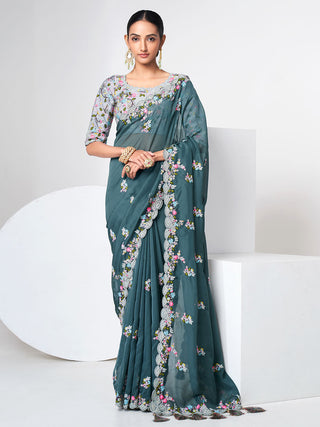 Blue Organza Saree With Unstitched Blouse Clothsvilla