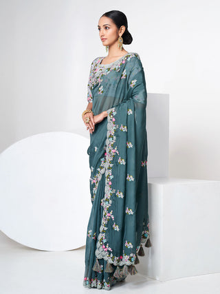 Blue Organza Saree With Unstitched Blouse Clothsvilla