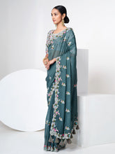 Load image into Gallery viewer, Blue Organza Saree With Unstitched Blouse Clothsvilla