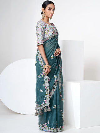 Blue Organza Saree With Unstitched Blouse Clothsvilla