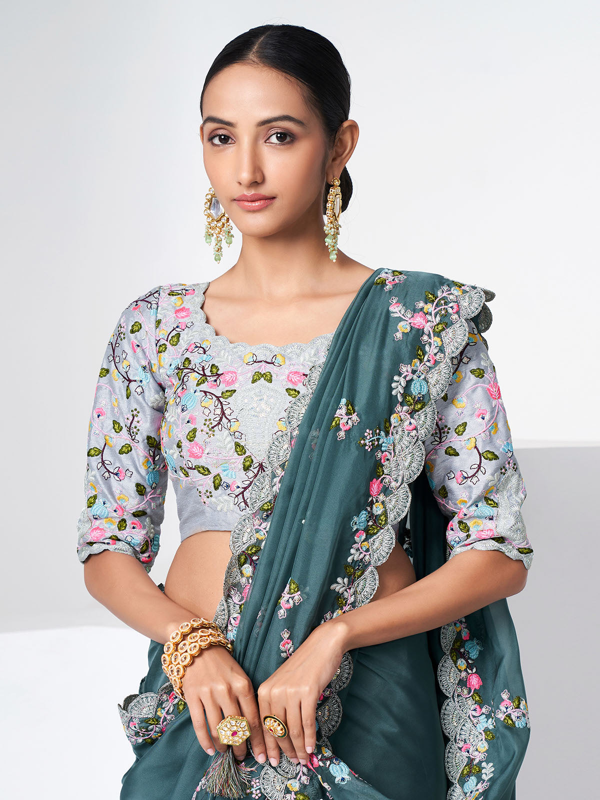 Blue Organza Saree With Unstitched Blouse Clothsvilla