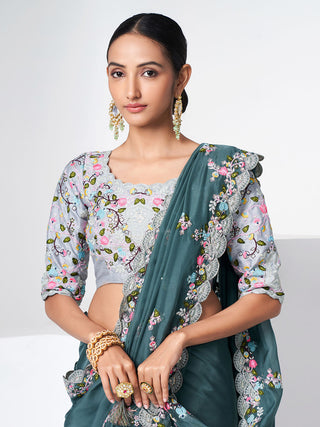 Blue Organza Saree With Unstitched Blouse Clothsvilla