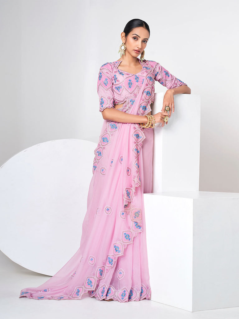 Pink Organza Saree With Unstitched Blouse Clothsvilla