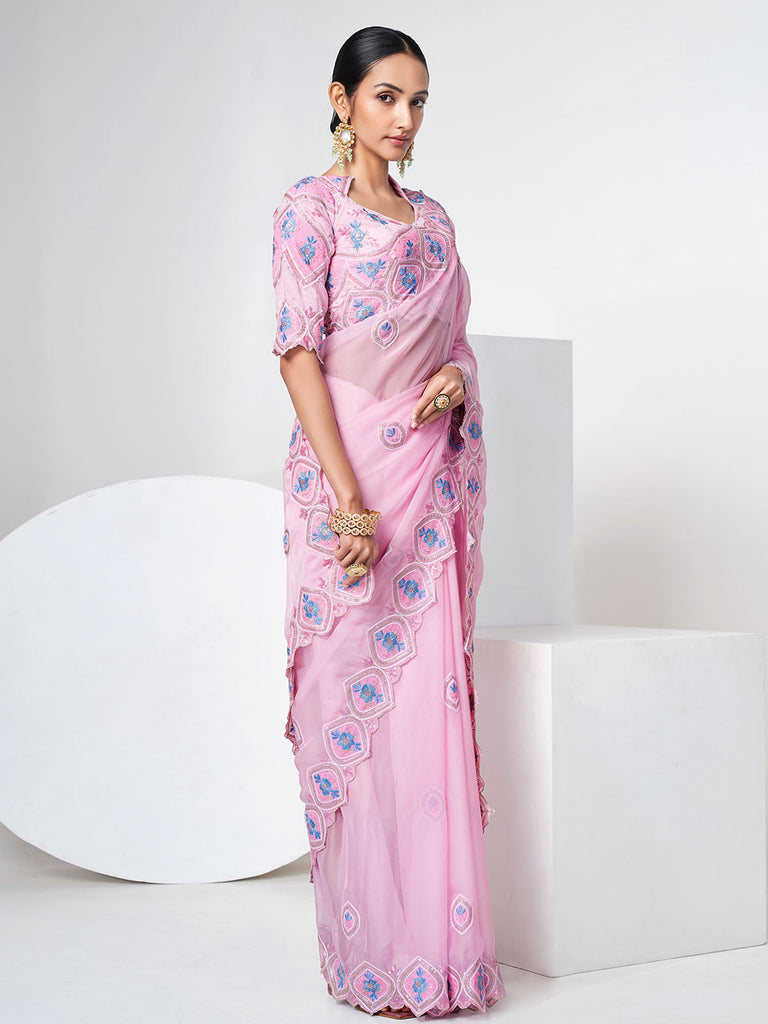 Pink Organza Saree With Unstitched Blouse Clothsvilla