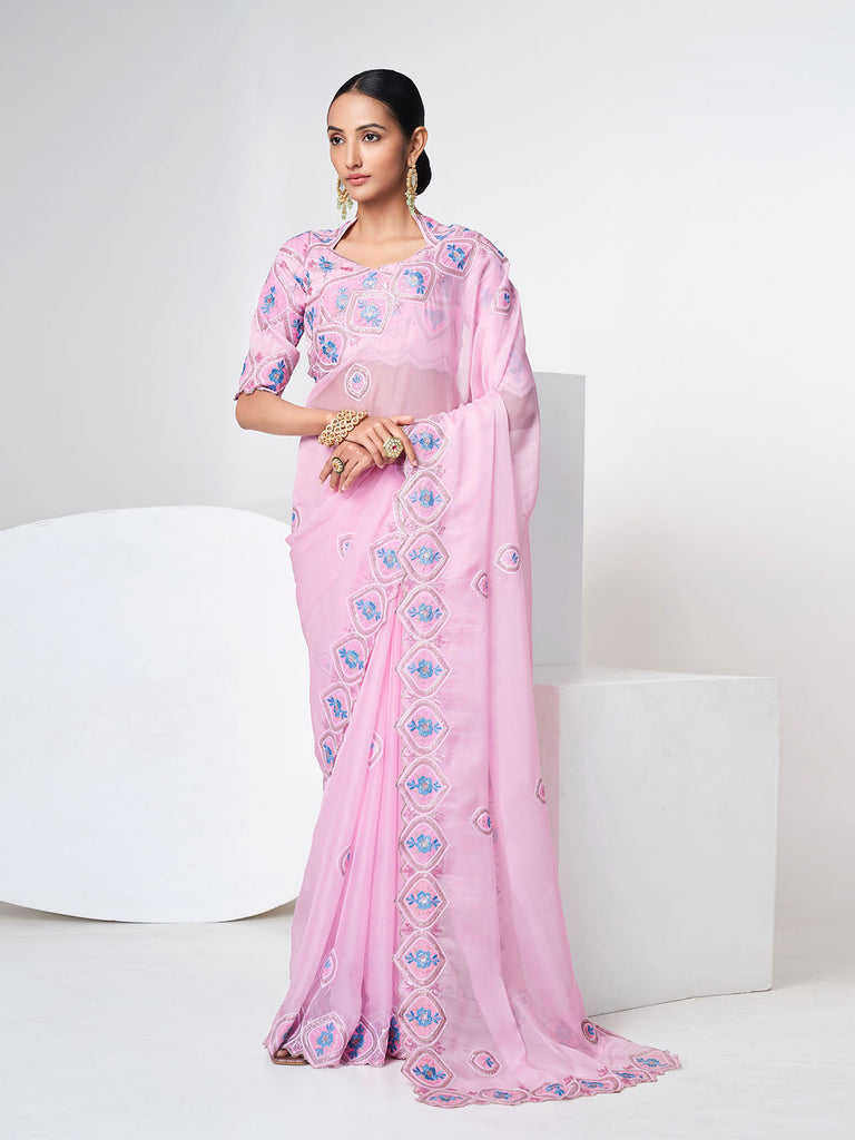 Pink Organza Saree With Unstitched Blouse Clothsvilla