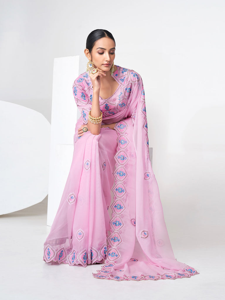 Pink Organza Saree With Unstitched Blouse Clothsvilla