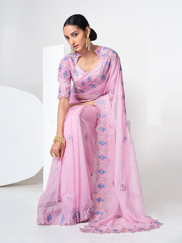 Pink Organza Saree With Unstitched Blouse Clothsvilla