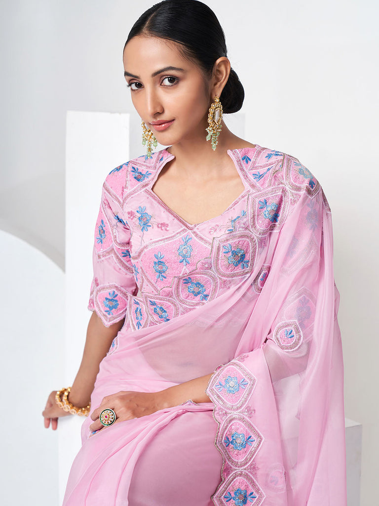 Pink Organza Saree With Unstitched Blouse Clothsvilla